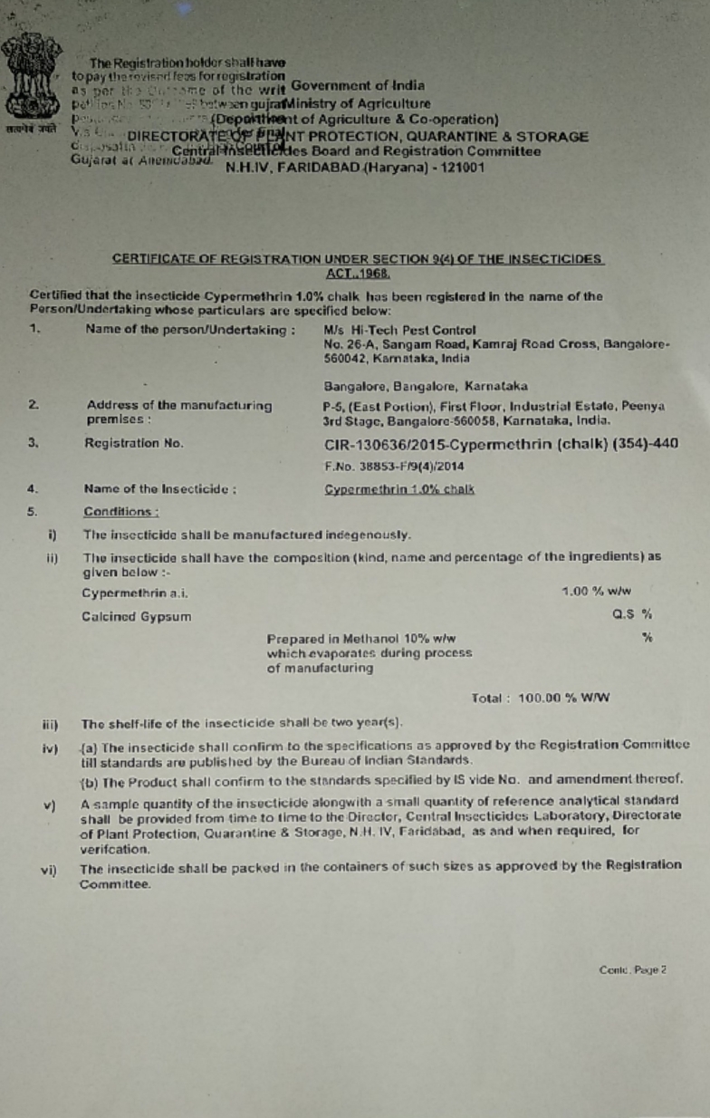 CYPERMETHRIN 1% CHALK REG CRTF PG1