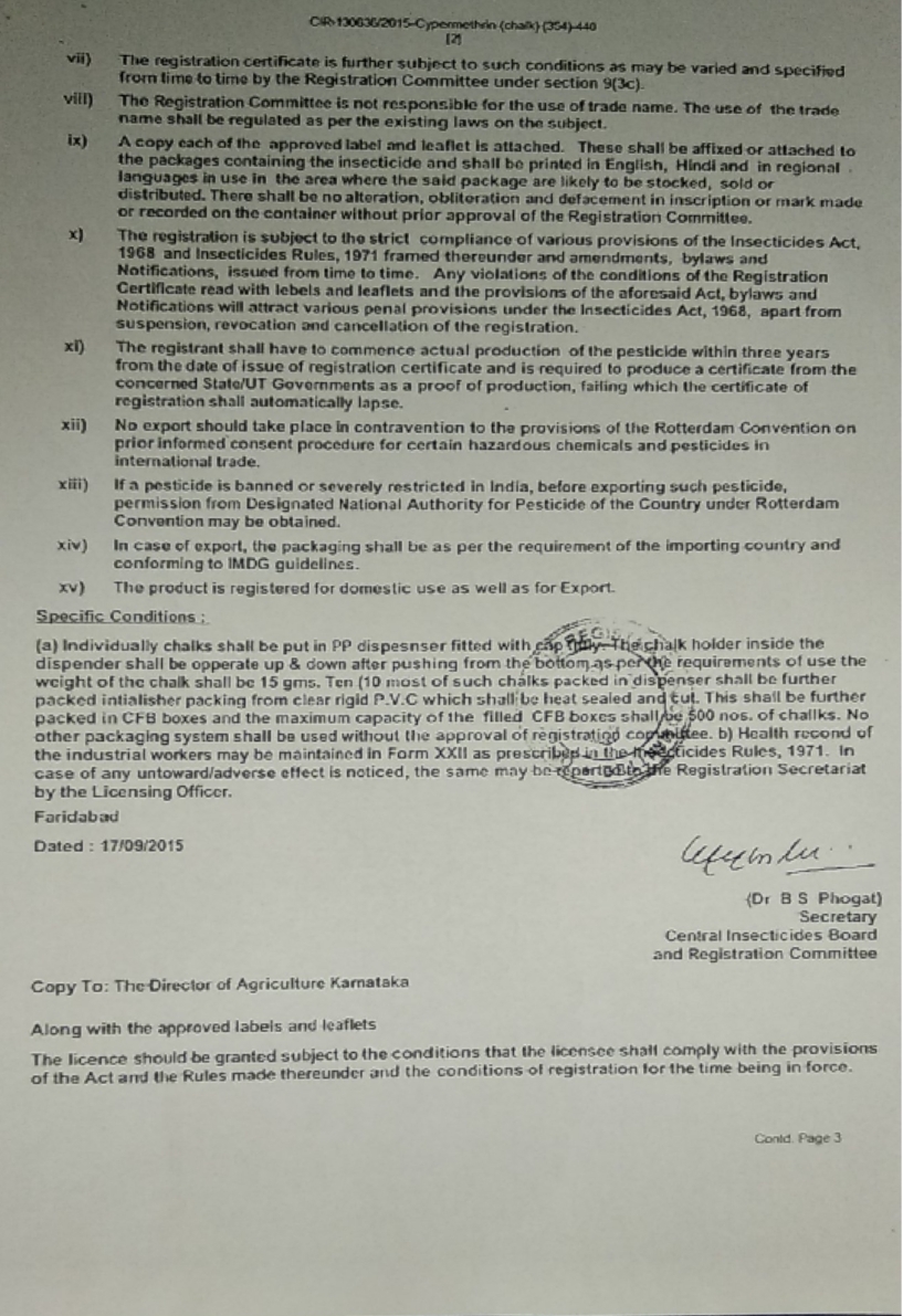 CYPERMETHRIN 1% CHALK REG CRTF PG2
